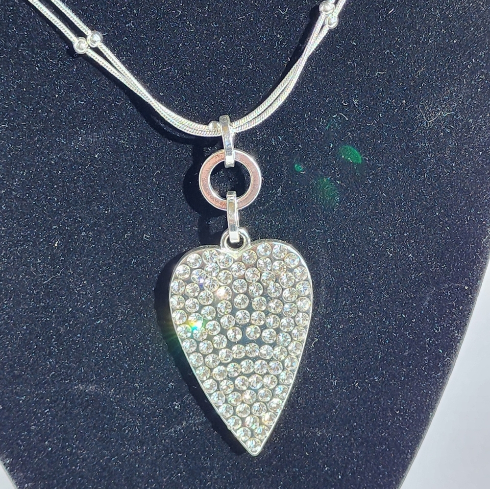 Fashion Jewelry Silver Ball Chain Necklace with Cubic Zirconia Heart Pendant - Picture 4 of 5